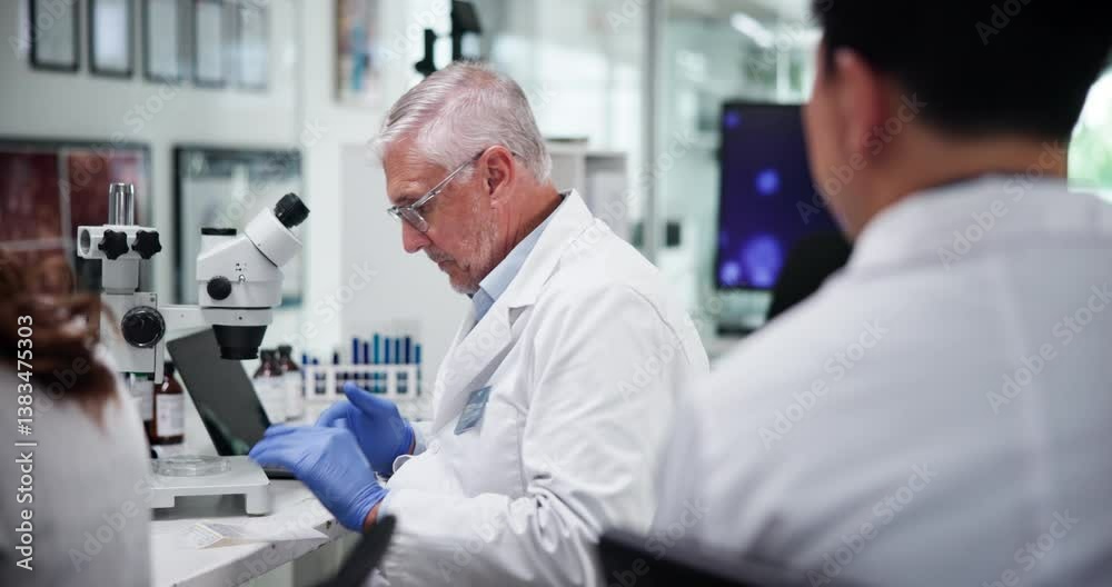 Poster mature scientist, man and team with sample at lab for problem solving with medical research, dna or 
