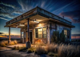 Derelict gas station, East Coulee, Alberta.  Night photography captures its lonely, low-lit exterior.