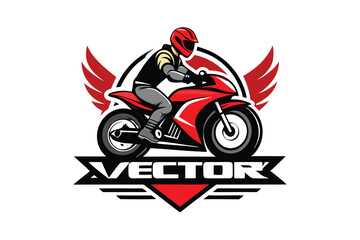Motorcyclist Riding Red Bike with Wing Symbol, White Background
