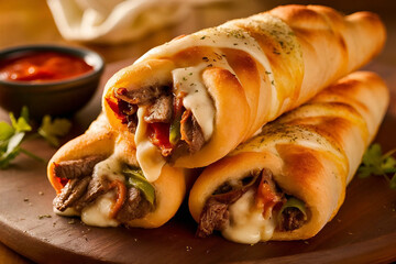 Delicious variety of stuffed pancakes with meat chicken and vegetables served as a meal