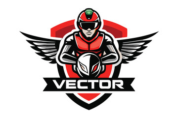 Motorcyclist Emblem with Wings, Protective Gear, and Red Accents on a White Background