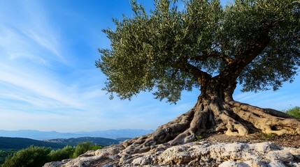 Majestic Ancient Olive Tree with Sprawling Roots on Rocky Mediterranean Terrain