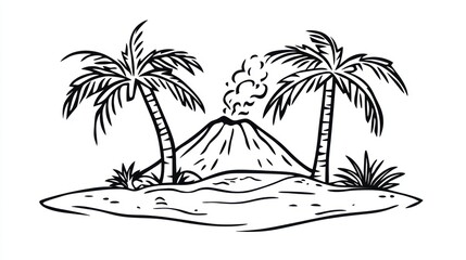 Volcanic Island Scene, Tropical Palms, Simple Illustration, Background, Graphic Design, Stock Photo