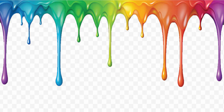 realistic multi or rainbow colour liquid paint dripping down isolated on white background