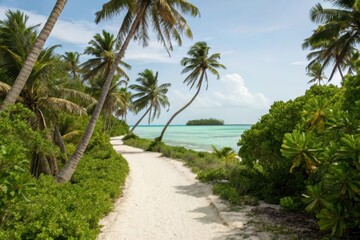 Obraz premium Tropical Island Scenic tropical pathway surrounded by palm trees leading to a serene ocean view.