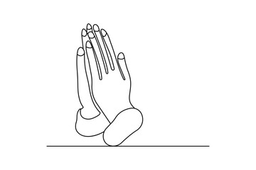 Praying hands one line art with minimalist isolated outline vector icon
