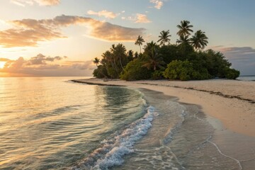 Tropical Island A serene tropical island at sunset with calm waters and lush palm trees.