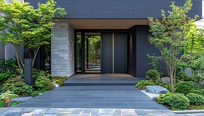 A modern home entrance surrounded by lush green landscaping