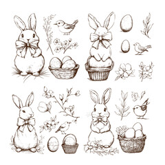 Easter Bunny Illustration Black and White Hand-Drawn Floral Sketch 