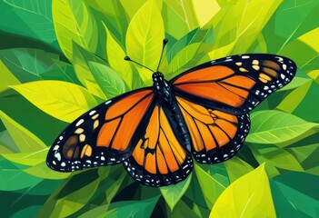 Fototapeta premium Geometric Monarch A Digital Rendition of a Monarch on Vibrant Foliage Highlighting Shape and Color in a Contemporary Style