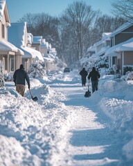Snowy residential street, shoveling snow