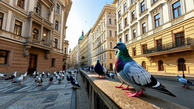 Colorful pigeons gather on a sunny street in the heart of the city showcasing urban wildlife and charming architecture