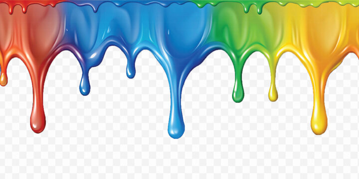 realistic multi or rainbow colour liquid paint dripping down isolated on white background
