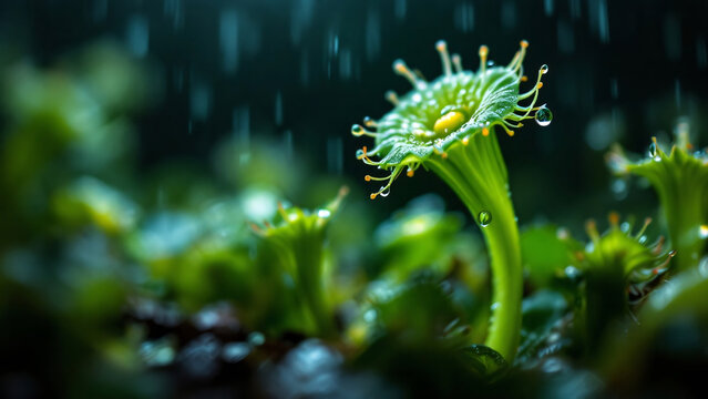 Venus flytrap in the rain with droplets on its leaves