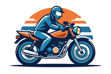 Motorcycle Rider in Blue Suit with Sunset Backdrop, Orange Accents and Retro Style