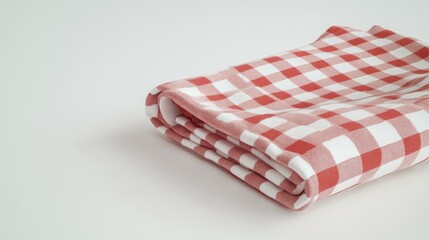 Fototapeta premium Folded red checkered tablecloth on white surface - simple still life photography
