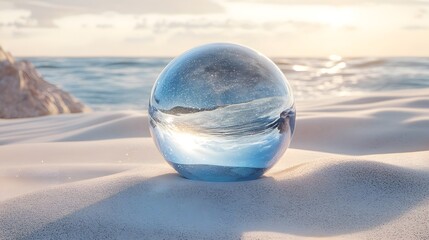 Vivid blue glass orb artfully positioned on a sunlit sandy beach with an abstract conceptual backdrop of the ocean