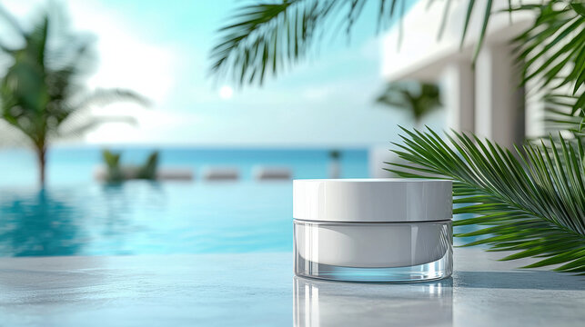 Realistic Minimal Product Mockup White cosmetic jar on tropical poolside background