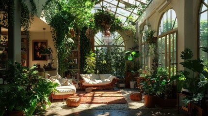Sunlit conservatory filled with lush plants, wicker furniture, and artwork.