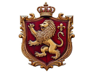 Elegant gilded crest featuring a majestic lion rampant, crowned and set against a rich burgundy shield.