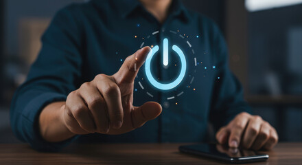  Power Up! Man Taps Glowing On/Off Button, Digital Transformation, Technology, Innovation, Start, Activation, Connection, Future, Control
