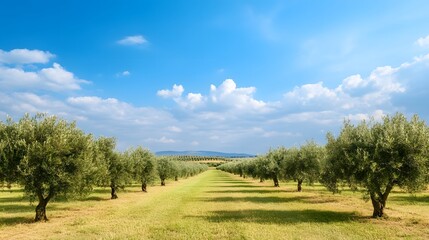 Obraz premium Expansive Olive Grove with Ancient Trees Under Picturesque Blue Sky