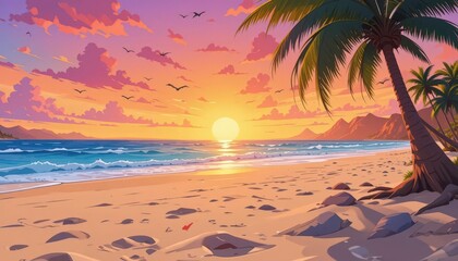  Cartoon Beach Sunset A Playful Scene Bursting with Exaggerated Colors
