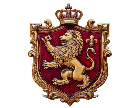 Elegant gilded crest featuring a majestic lion rampant, crowned and set against a rich burgundy shield. - Powered by Adobe