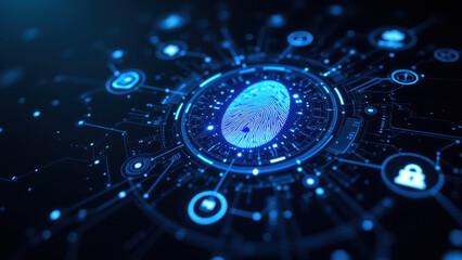 Obraz premium Cybersecurity digital artwork with fingerprint at its center, surrounded by network connections.