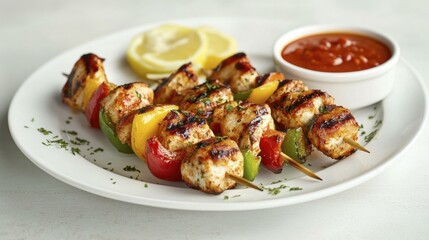 Grilled chicken skewers with bell peppers and dipping sauce on plate