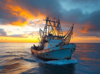 Fishing Boat At Sea During A Spectacular Sunset,Maritime Vessel In Motion