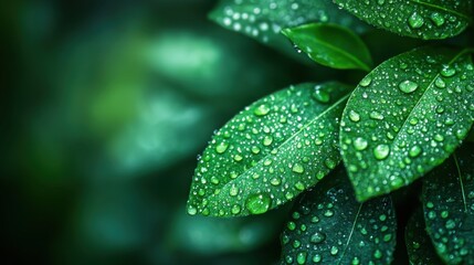 Perfect green leaves covered with fresh water drops after rain