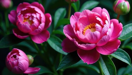 Obraz premium Bold peony blooms, intricate leaf details, vibrant color palette, fabric, color