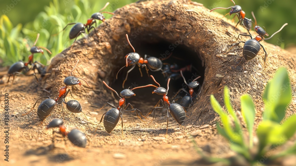 Fototapete ultra-realistic 3d rendering of an ant nest ecosystem, showing foraging ants bringing food, larval d