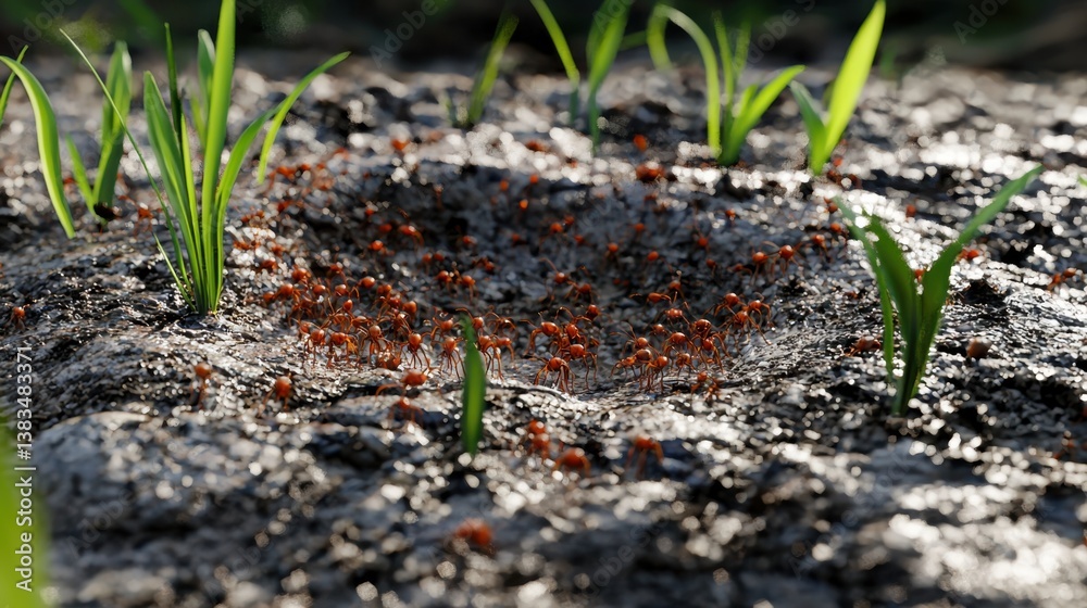 Fototapete ultra-realistic 3d rendering of an ant nest ecosystem, showing foraging ants bringing food, larval d
