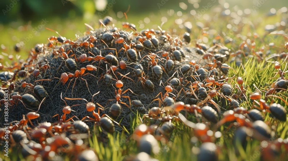 Fototapete ultra-realistic 3d rendering of an ant nest ecosystem, showing foraging ants bringing food, larval d