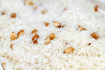 Delicious Traditional Rice Dish with Roasted Peanuts. Fluffy White Basmati Rice Garnished with Crunchy Golden Brown Nuts. Authentic Middle Eastern and Asian Cuisine. Food  for Culinary Concepts