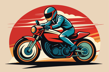 Motorcyclist Silhouette on Red Bike with Full Gear and Helmet Retro Style