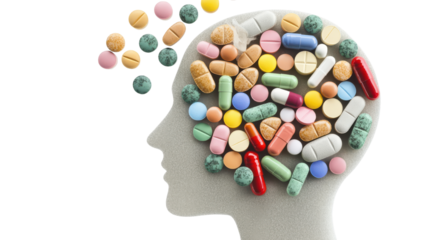 Colorful Pills and Capsules Piled in a Human Head Silhouette Design