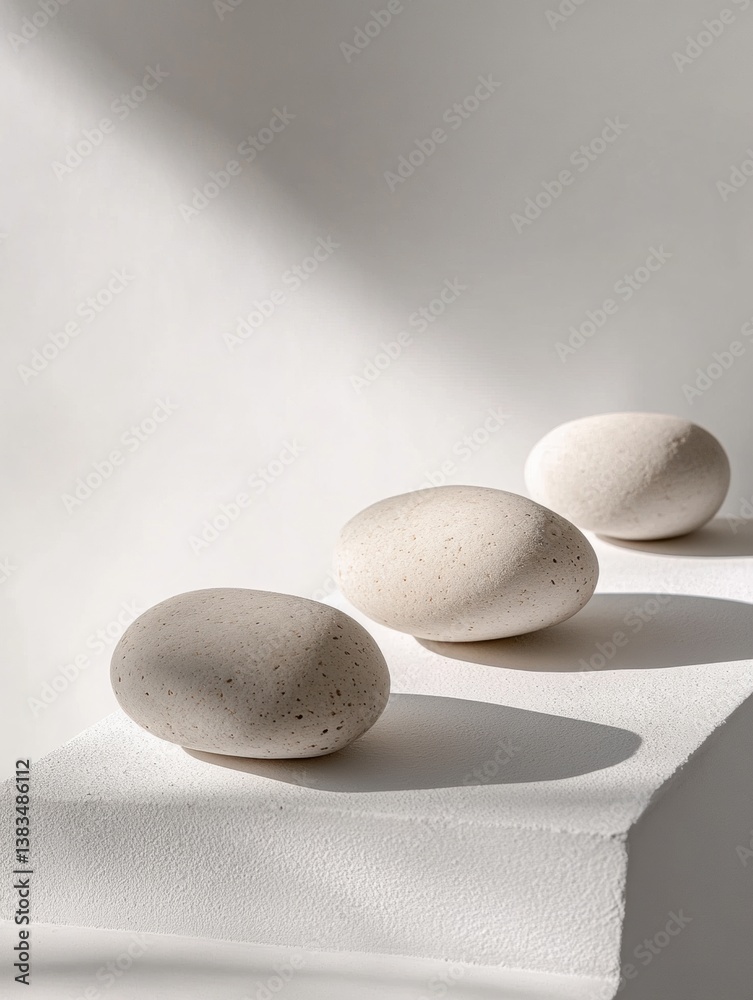 Poster minimalist arrangement of smooth river stones on a white surface with soft lighting