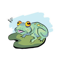 funny frog sits on a water lily. charming vector illustration for design.🐸