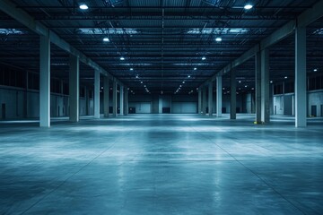 Vast empty warehouse interior with concrete floor and tall pillars in low light