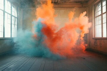 Vibrant orange and blue smoke cloud in abandoned building with sunlight streaming through windows