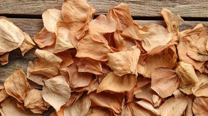 Dried rose petals scattered on rustic wooden surface.