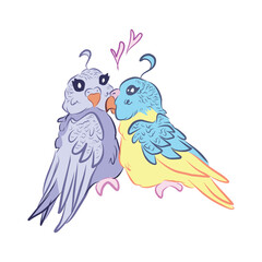 two budgies. beautiful parrots. love couple. no gender. vector illustration. image for stickers, sketchbooks, postcards.❤️