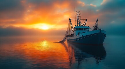 Obraz premium Fishing Boat At Dawn Serene Waters Reflecting A Golden Sunset With Mist