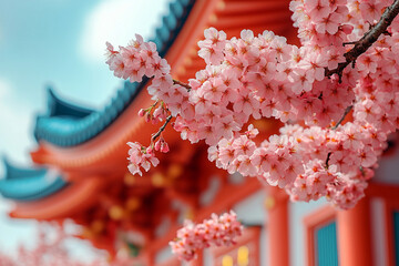 Traditional Japanese temple surrounded by vibrant cherry blossoms during spring season - Generative AI