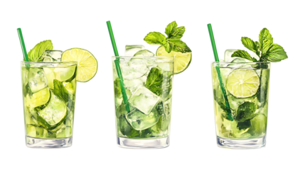 Three tall glasses filled with refreshing mojito cocktails featuring mint leaves, lime slices, and straws isolated on transparent background.