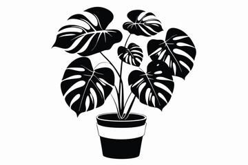 Stylish Monstera Deliciosa with Pot, Black and White Silhouette 