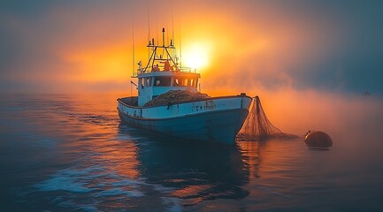 Fototapeta premium Tranquil Dawn Fishing Boat At Sea Under A Golden Sun And Misty Haze